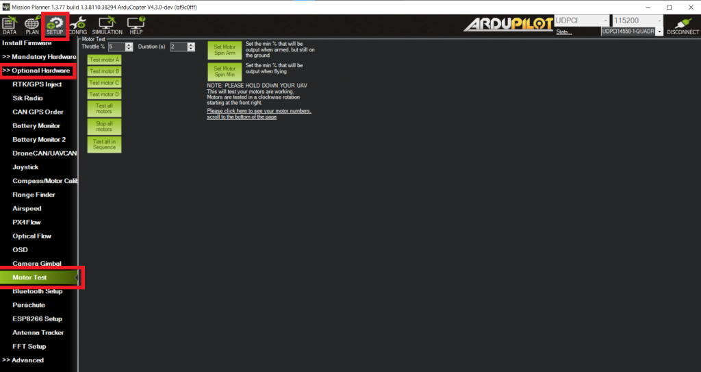 Motor test in Mission Planner